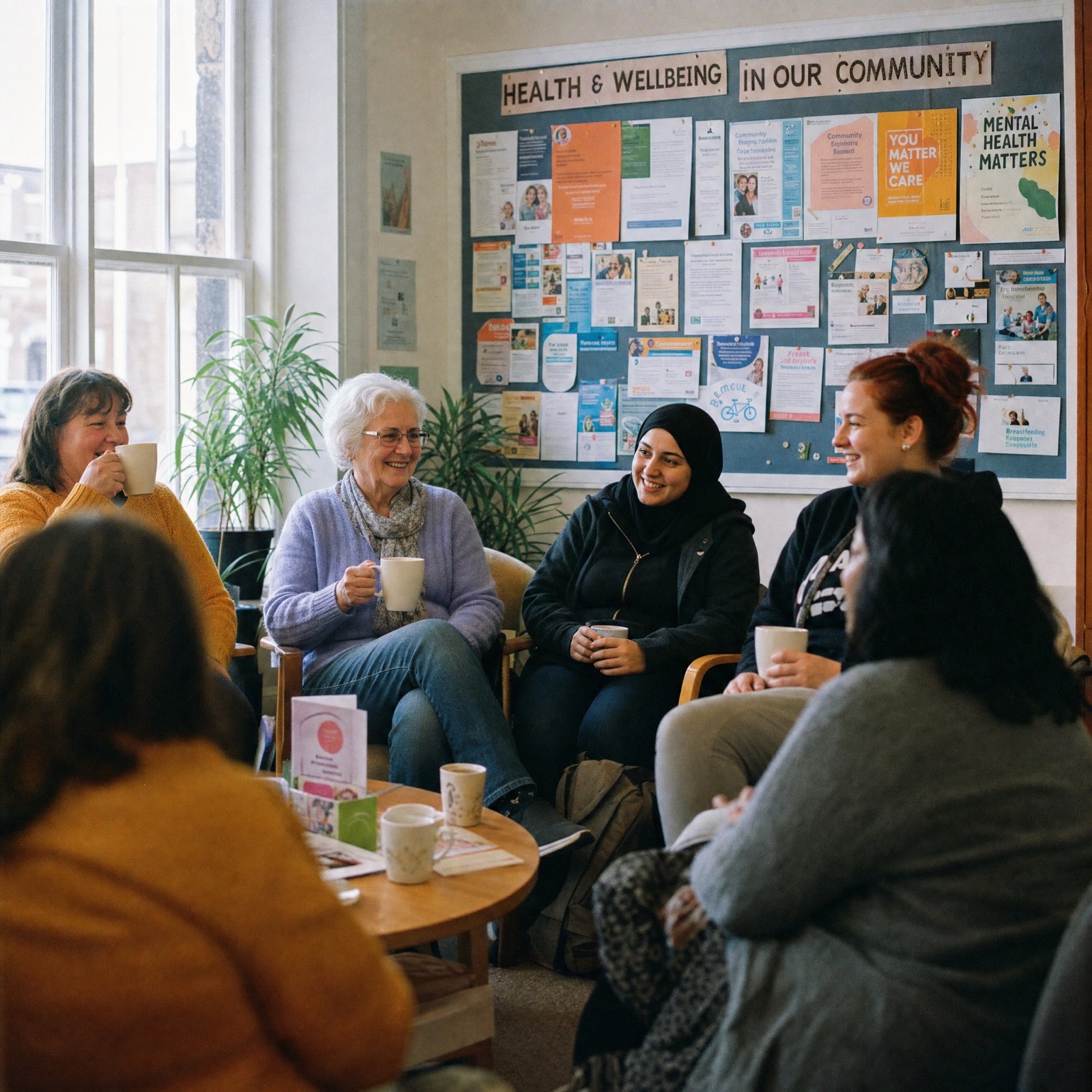 Young adults in a health session looking at NHS leaflets in a bright community room