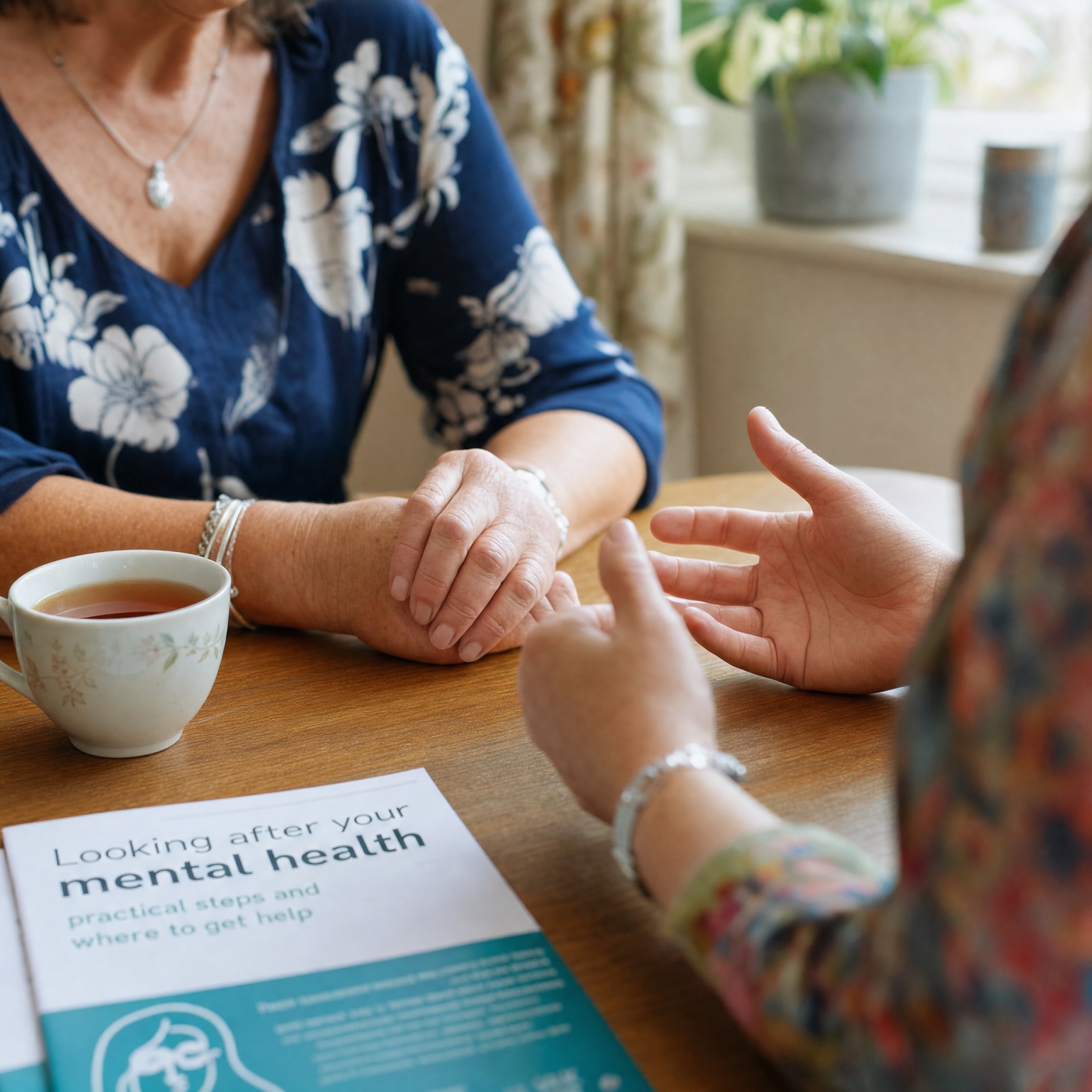 A young woman at a GP surgery reception desk handing in paperwork, with a warm NHS interior behind her